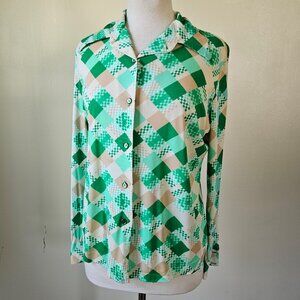 Alex‎ Colman Vintage 70s Green Plaid Check Polyester Knit Dagger Disco Shirt L